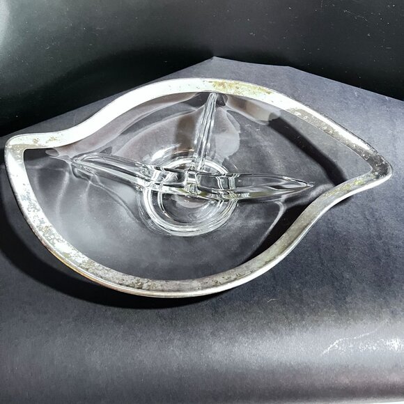 Vtg Art Clear Glass Divided Relish Serving Dish Silver-Plated Trim MCM Retro - Picture 1 of 9